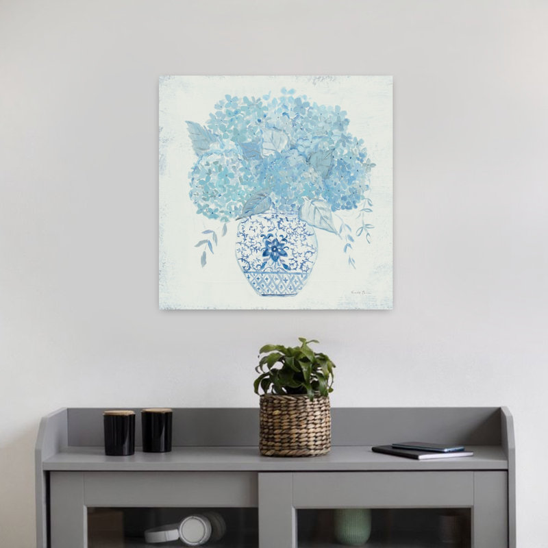 Art contemporain d'hortensia avec bouquets bleus, H 18 po x l 18 po