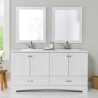 Meuble-lavabo double 60,50 po avec 2 armoires, 2 tiroirs et plateau en marbre de culture Emlyn