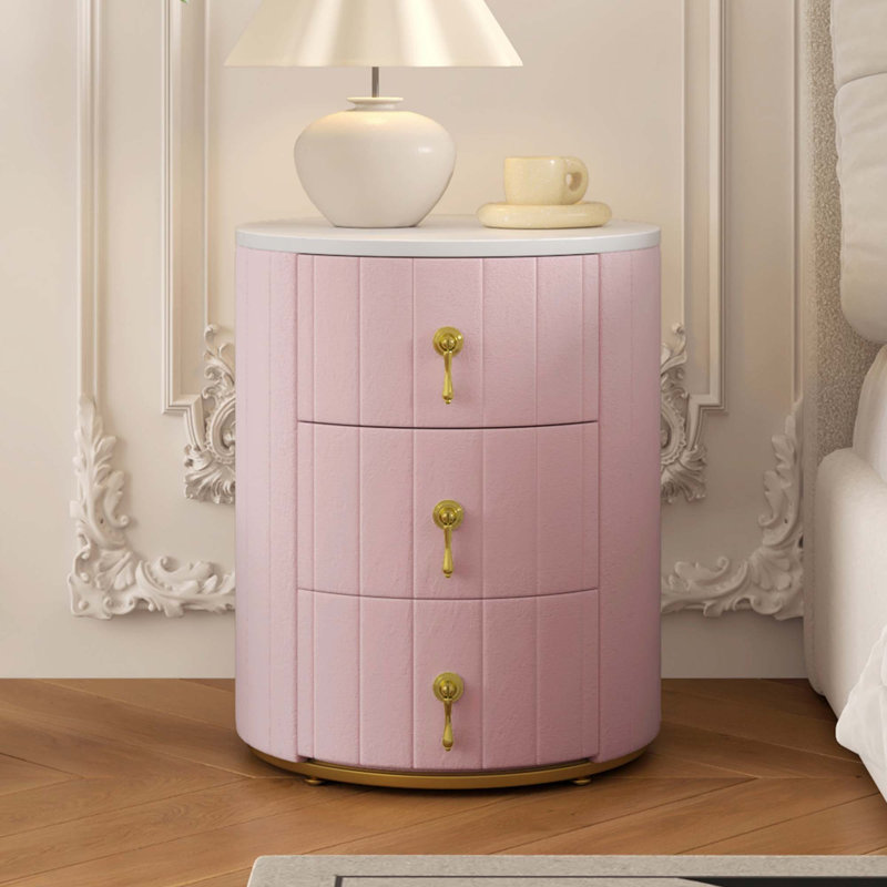 Table de chevet rembourrée avec 3 tiroirs, Individuel, Rose