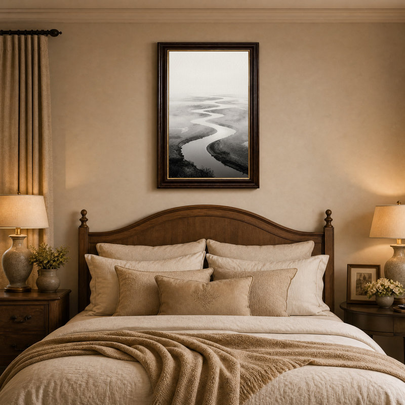 Art mural sur toile «Misty Winding River» en noir et blanc, H 24 po x l 16 po