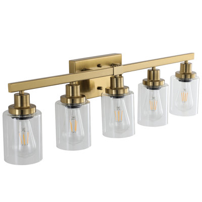 Golden 5- Vanity Lighting With Clear Glass Shades, Modern Iron Metal Bathroom Fixture For Mirror, Suitable & Dressing Table Style, E26 Bulb  No Bulbs Glass, Wall Sconce Great Look, Compatible