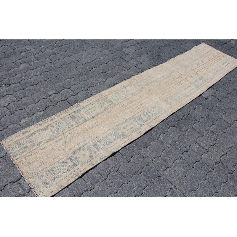 Tapis de couloir oriental vintage beige en laine avec motif patchwork pour escalier