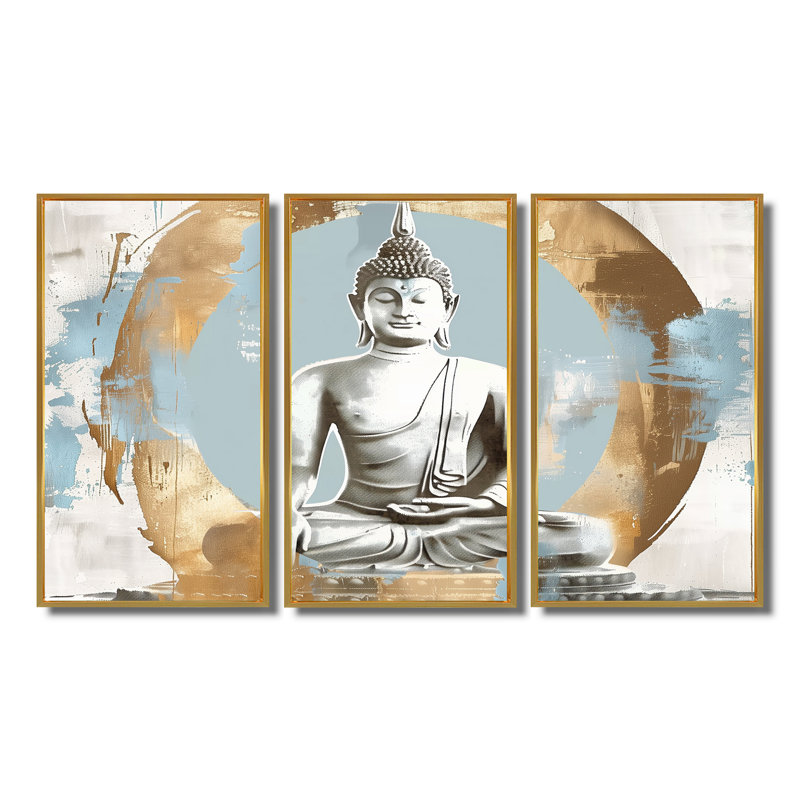 Bouddha doré gris et doré, réflexion I - ensemble d'art mural bouddhisme, Toile avec cadre flottant or