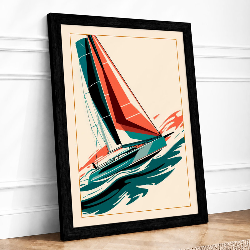 Red Sail at Speed Geometric - Framed Print, A2 - 59.4 x 42.0 cm, Black
