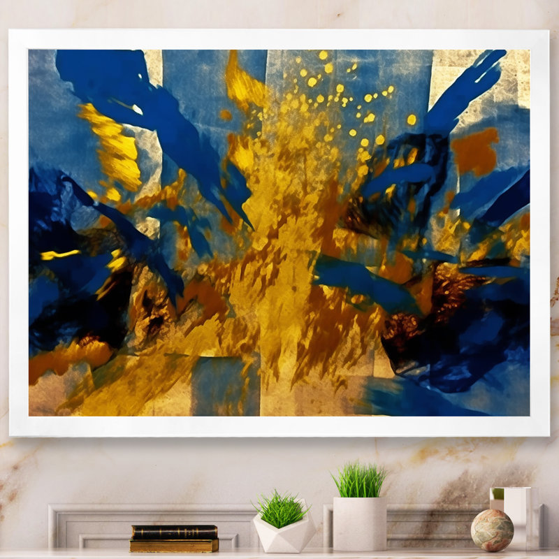 Abstraction lyrique en bleu et jaune - Collages abstraits, impressions d'art mural, H 24 po x l 32 po x P 1 po