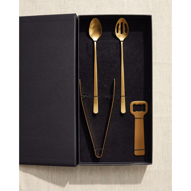 Stainless Steel Bottle Opener, Ice Tong, Cocktail Stirring Spoon, Cocktail Slotted Spoon, Gold