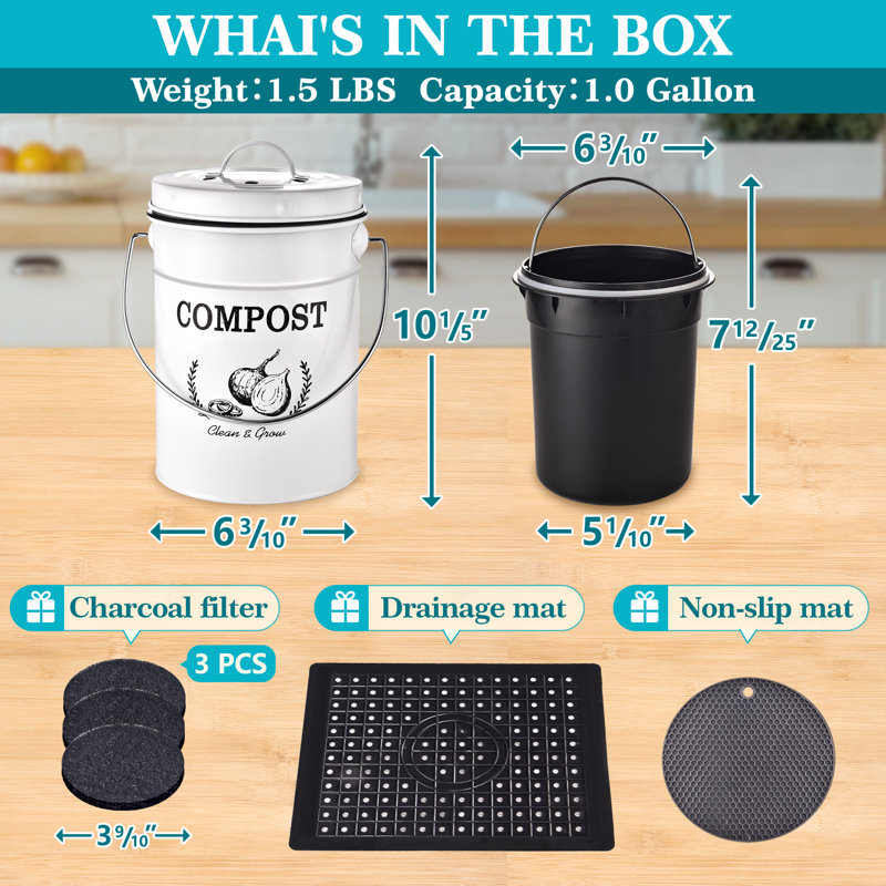 1 Gallons Metal Odor Resistant Indoor Kitchen Composter with Latching Lid, White