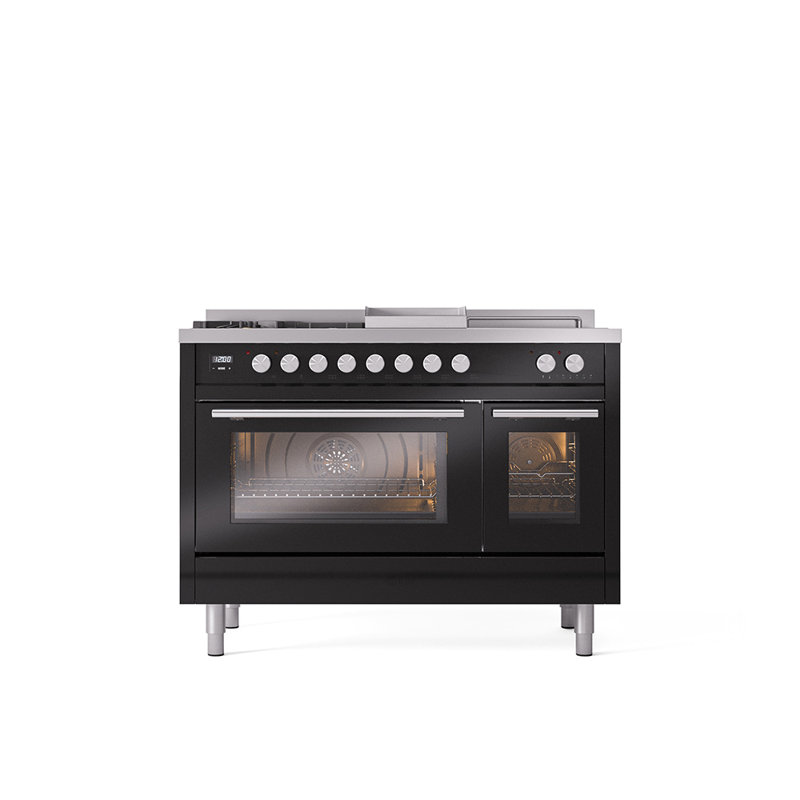 ILVE Professional Plus II 48 cuisinière à double combustible, 5 brûleurs scellés, plaque chauffante (noir brillant)