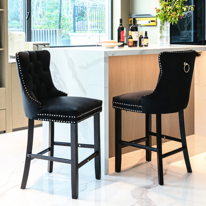 Élégante chaise de bar en velours à boutons, fabrication en bois massif, accents, mousse à haut rebond, 2 détails noirs, confortable, 2 pièces