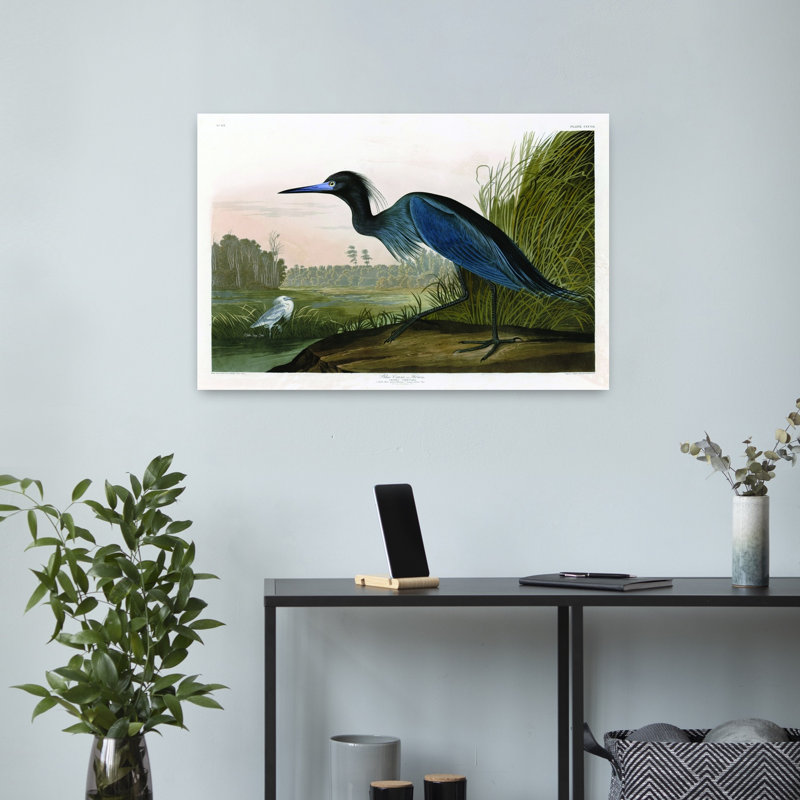 Grue bleue, oiseau abstrait, paysage côtier, art, H 16 po x l 24 po