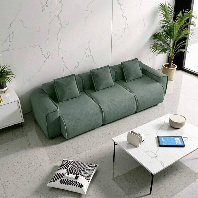 Élégant canapé modulaire en velours vert - siège profond à 3 places avec passepoil français, aucun assemblage requis, Vert