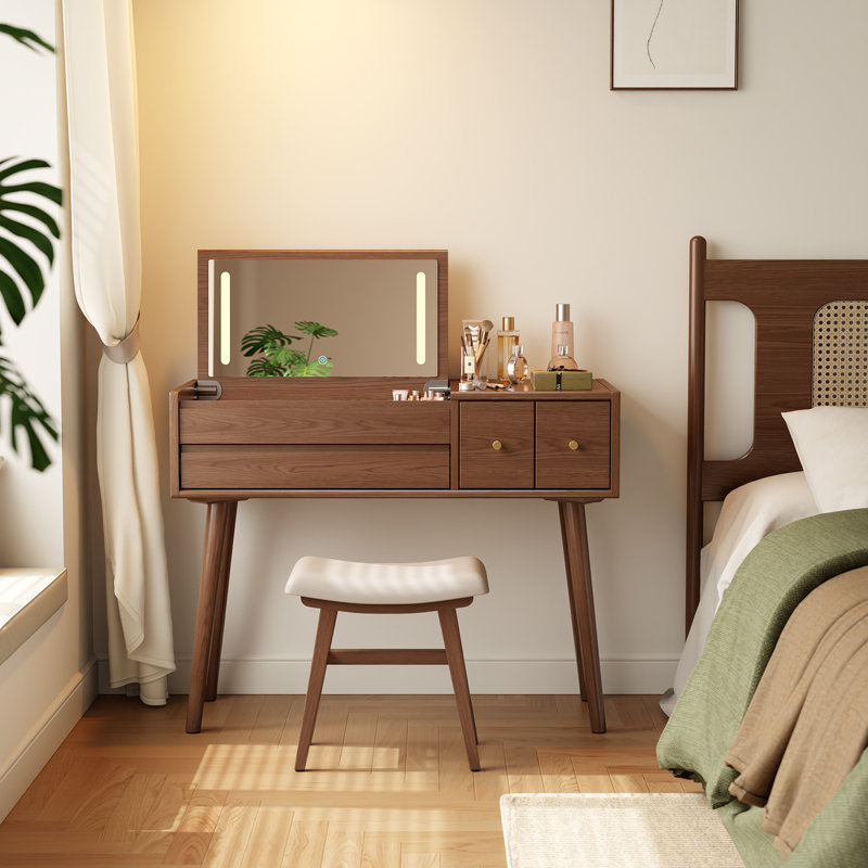 Coiffeuse en bois massif avec miroir inversé et modes d'éclairage, Brun, H 43,1 po x l 39,4 po x P 15,7 po - 3 tiroirs