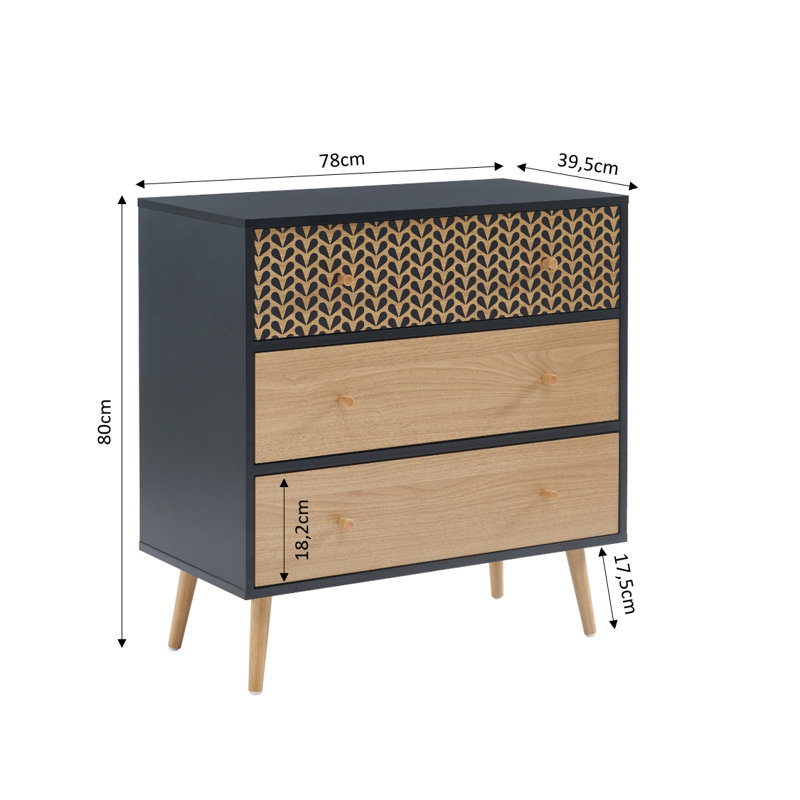 Ramah 78cm W 3 - Drawer Chest of Drawers, Black/Oak