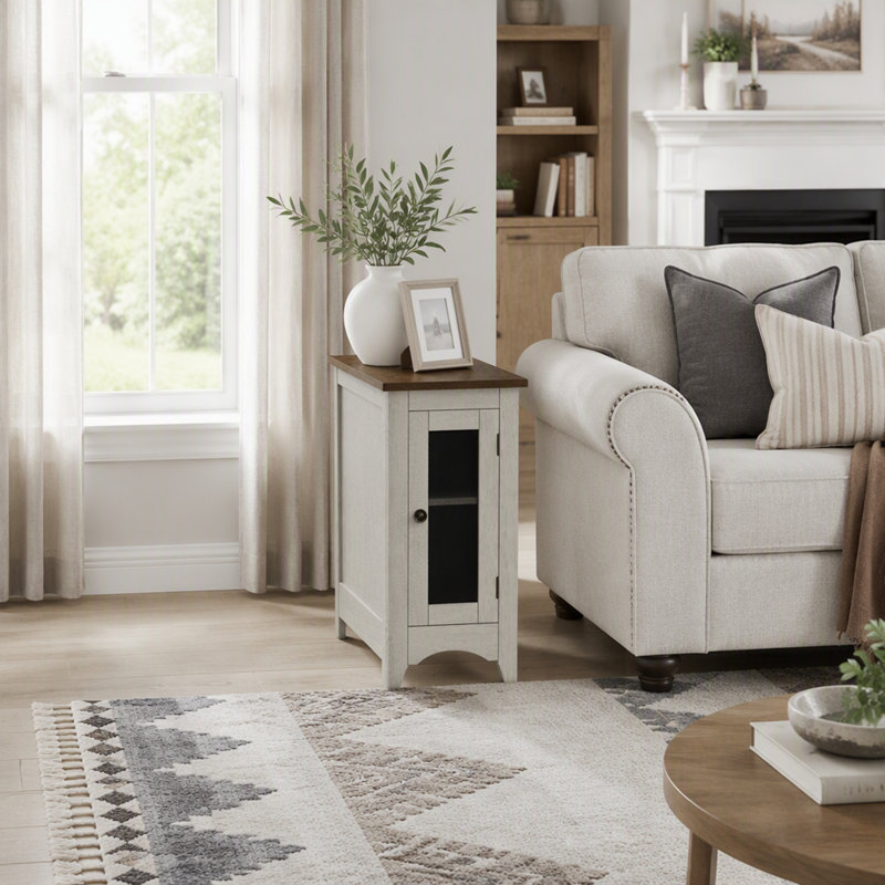 Table d'appoint en placage avec rangement, parfaite pour les chambres à coucher et les salons