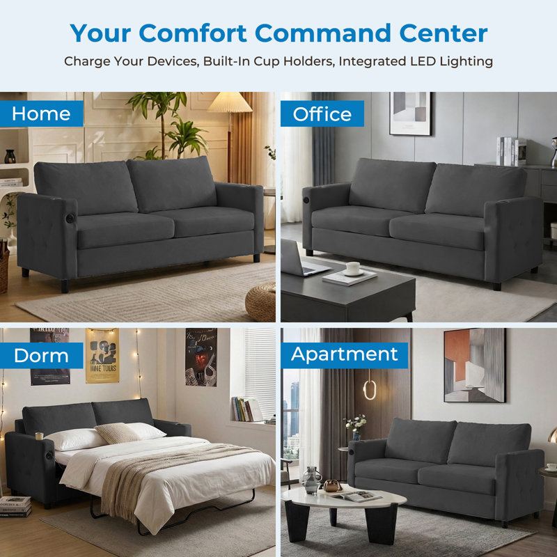 Queen Pull Out Sofa Bed – Memory Foam Mattress, USB & Cup Holders, Dark Gray Velvet