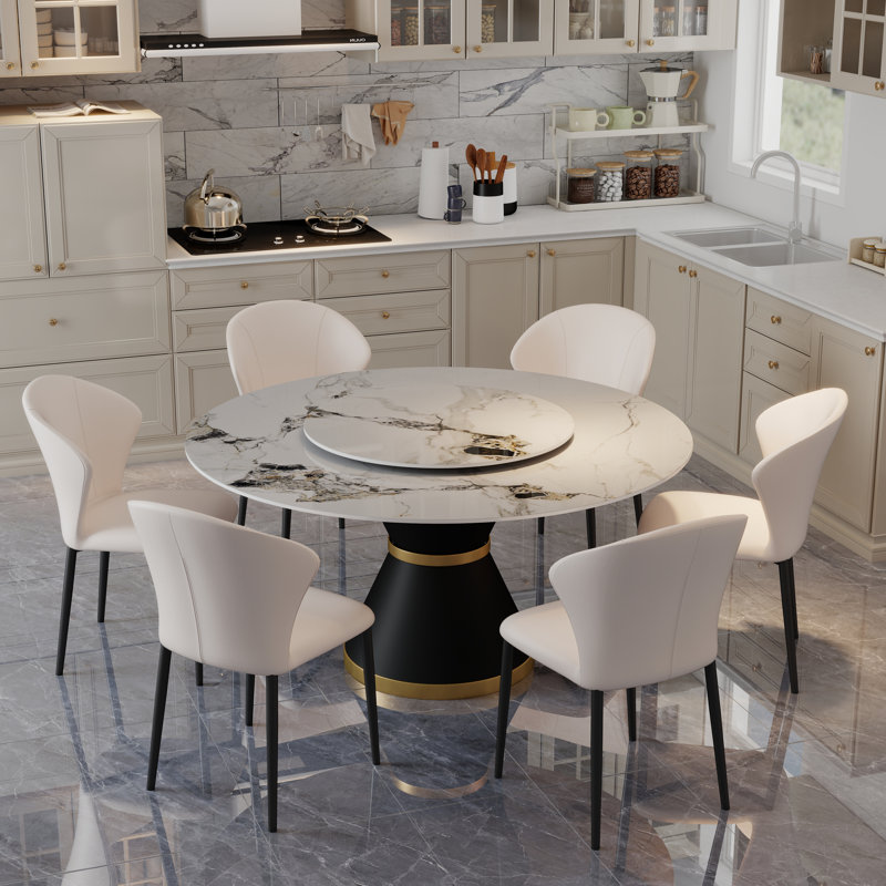  6 - Person Sintered Stone Top Pedestal Dining Set With Lazy Susan