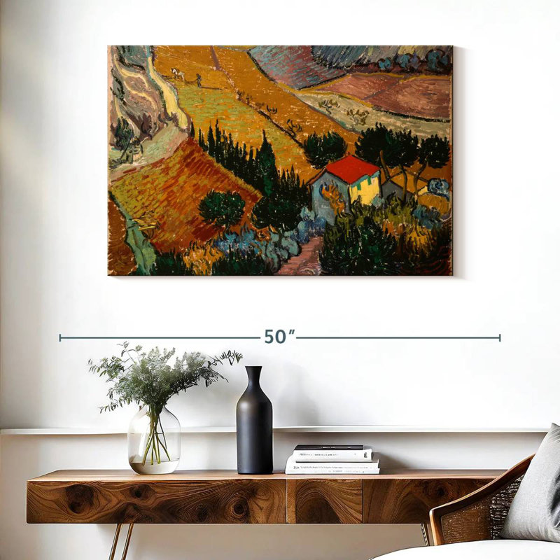 Alvord, paysage avec maison et laboureur, H 26 po x l 39 po