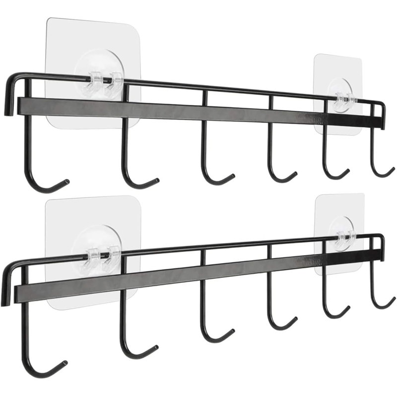 Support à ustensiles peu encombrant avec 6 crochets pour support de cuisine pour salle de bain, ensemble de 2 (noir)