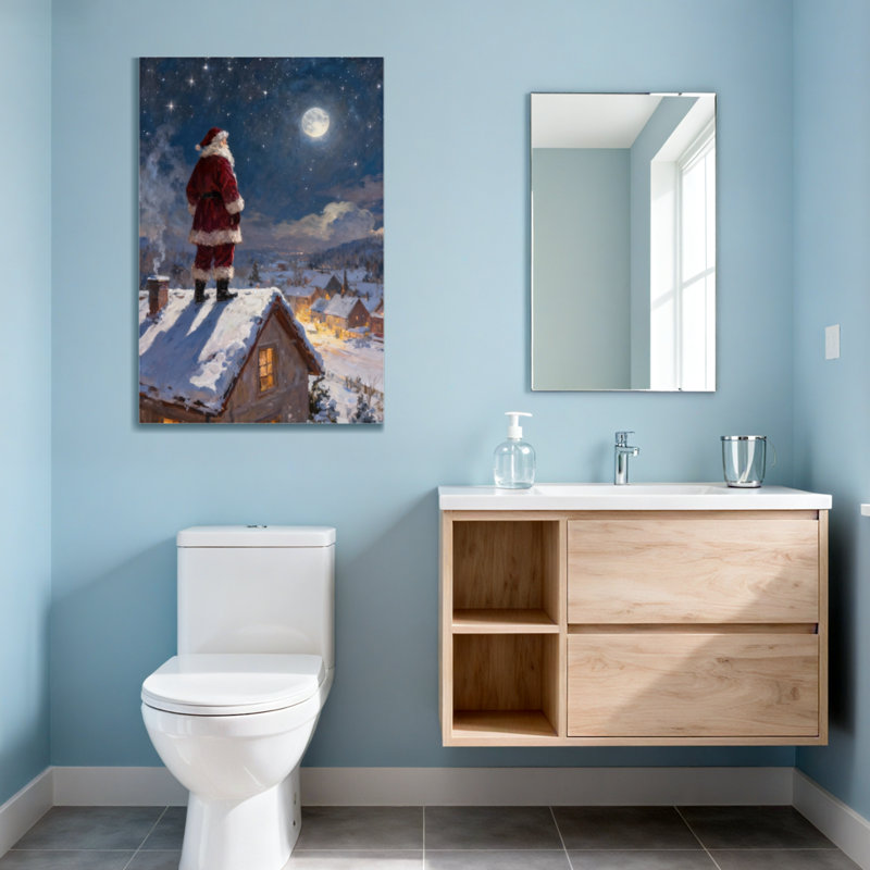 Père Noël de Noël sur le toit, nuit d'hiver au clair de lune, H 48 po x l 32 po