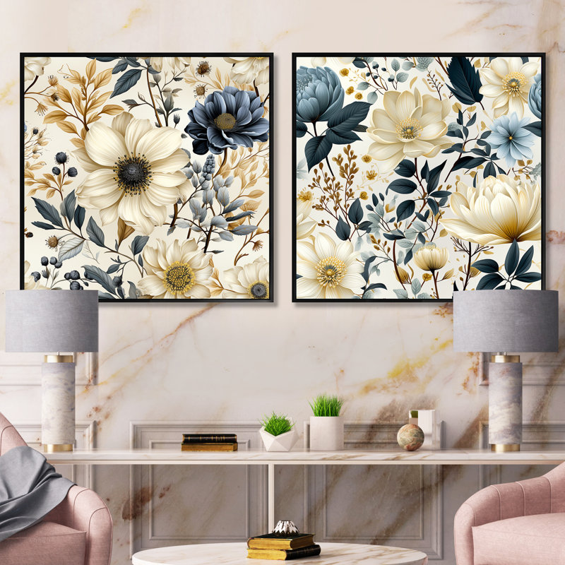 Wolsingham - Ensemble de 2 collages carrés floral et botanique, Cadre flottant noir, H 16 po x l 33 po