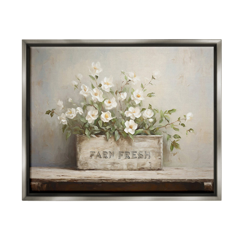 "Farm Fresh Flower Planter" par Ramona Murdock sur toile, Cadre flottant gris lustré, H 17 po x l 21 po