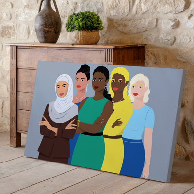 Toile, "Un groupe diversifié de cinq femmes se tient ensemble" avec art mural