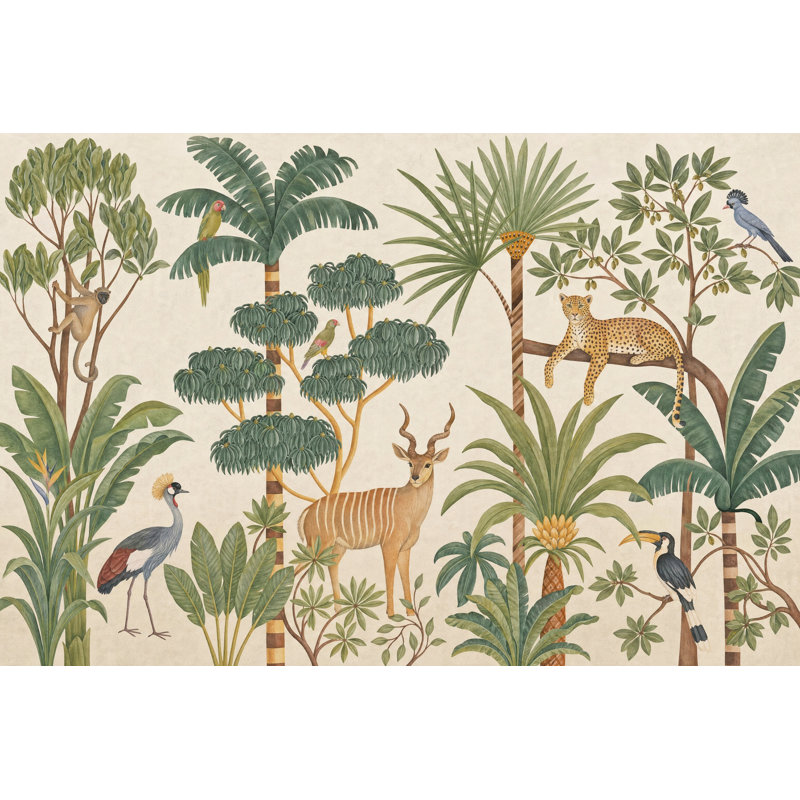 Papier peint botanique rétro avec motif de jungle tropicale, 120"x96", Peel and Stick