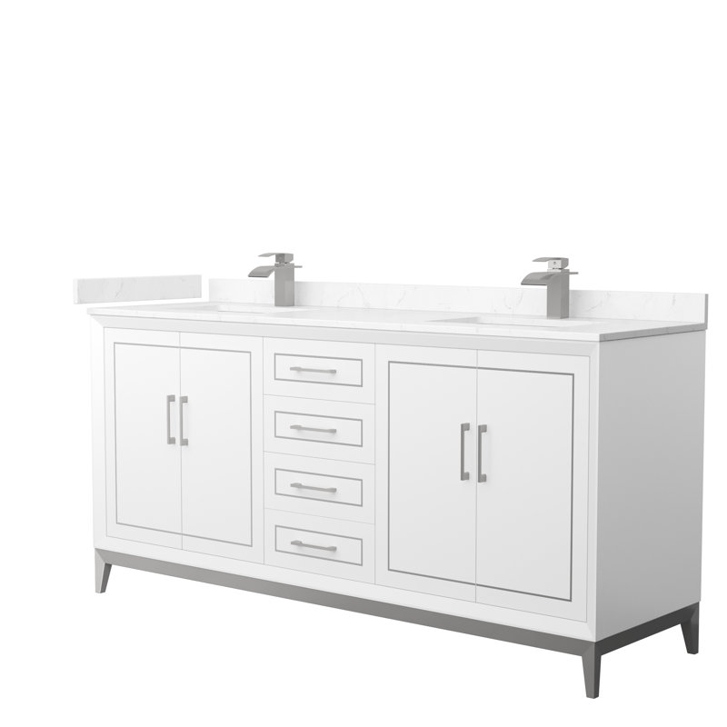 Ensemble de meuble-lavabo double 72 po Marlena, Nickel brossé, Blanc, Marbre de culture blanc
