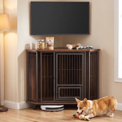 Cage de coin pour chien avec double porte, niche en bois style table d'appoint avec plateau en bois épais pour petits chiens et chats