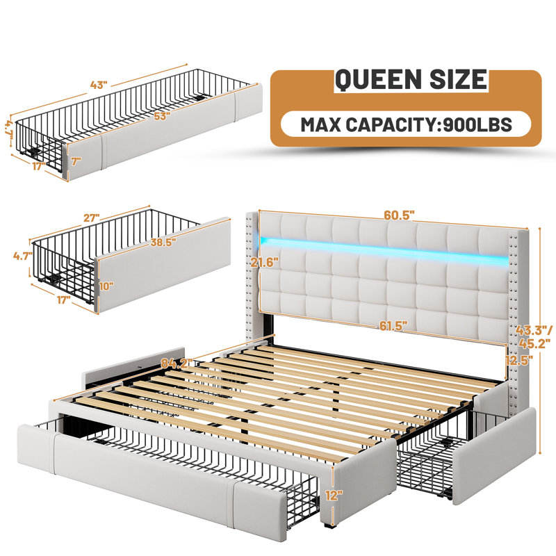 Upholstered Bed Frame With Adjustable Headboard,platform Storage Bed With 3 Drawers And Led Light, Queen, Beige