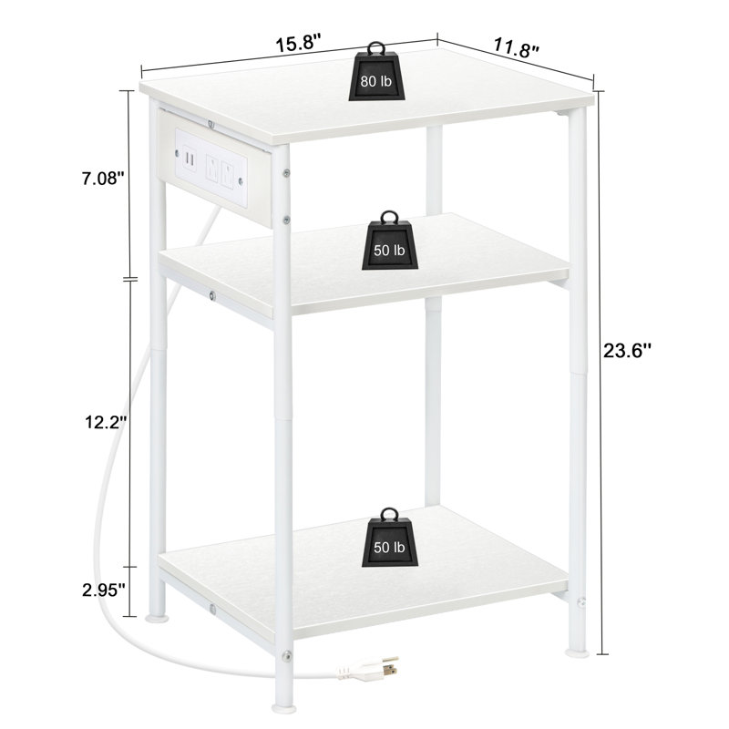3-Tier Side Table with Charging Station (White)