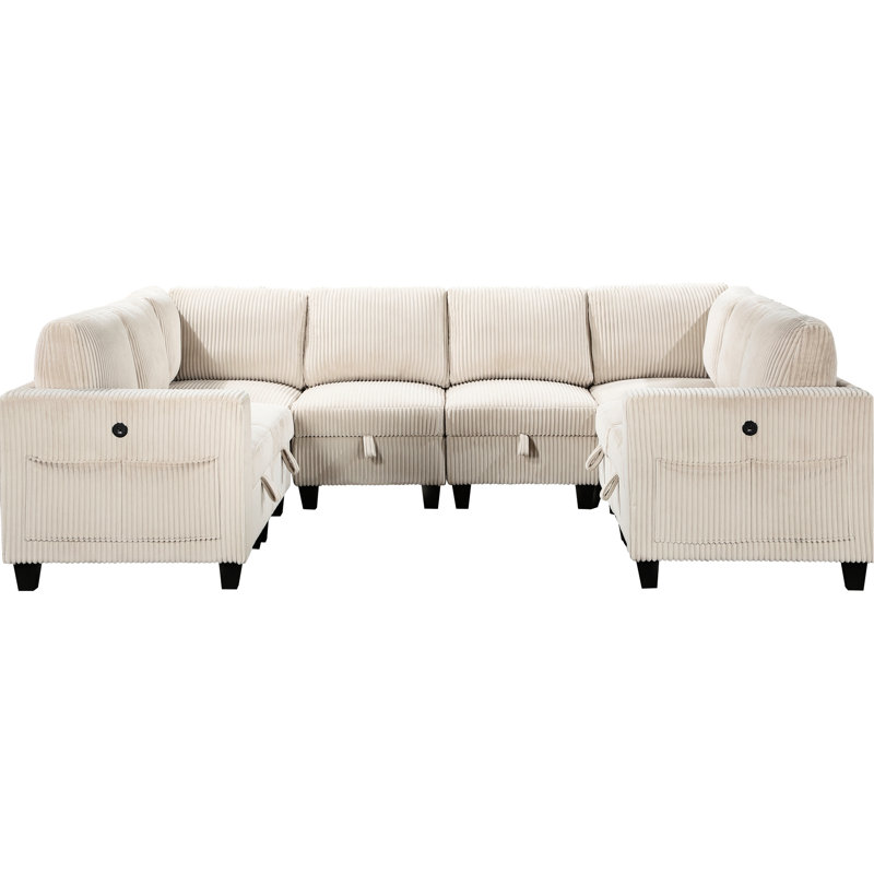 Beige Corduroy 8 Sectional With Storage, Charging Ports, Side Pockets & Solid Wood Construction Couch Storage Seats, Pockets, Ports In