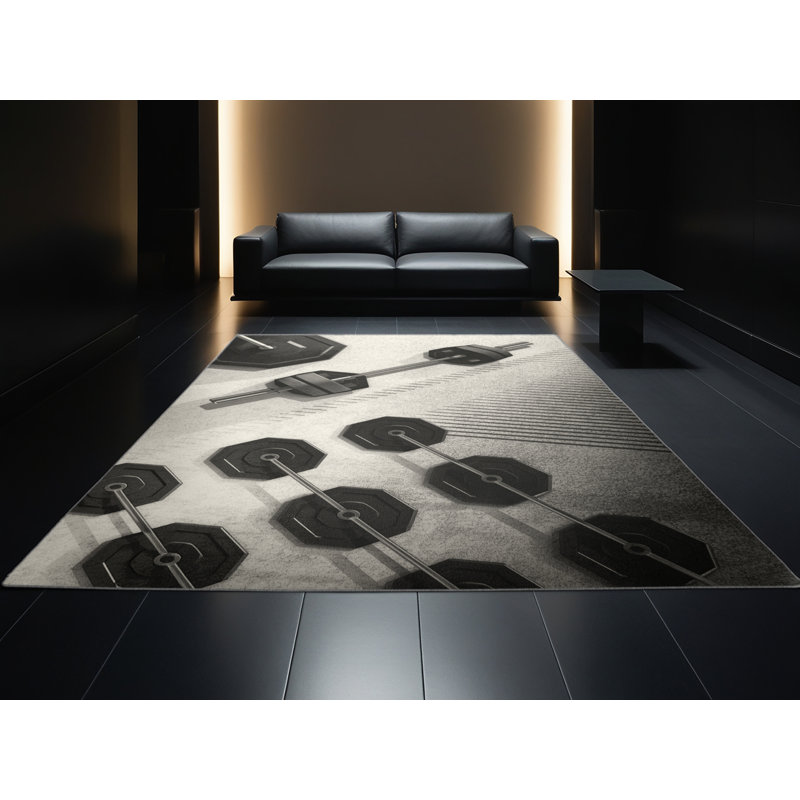 Machine Washable Cain Barbell Weightlifting Modern & Contemporary Geometric Rug in Gray – Gray Binding, 5x8