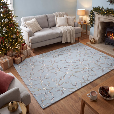 Tapis de Noël Watchtower à motifs floraux bleus, gris, dorés et blancs, antidérapant, à poils courts, pour intérieur et extérieur, adapté aux animaux domestiques, idéal pour le salon, la chambre, la salle à manger, l'entrée, le corridor, le bureau. Tapis de Noël lavable.
