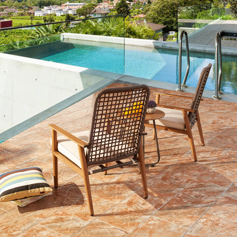 3-Piece Metal PE Wicker Outdoor Conversation Set with Cushions and Round Metal Side Table, Beige