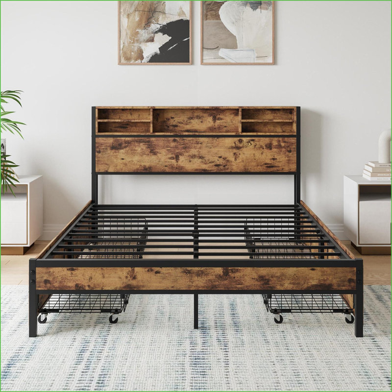 Structure de lit plateforme grand en métal avec tiroirs de rangement et amp; Tête de lit à chargement - aucun sommier nécessaire, sans bruit, pour la chambre à coucher