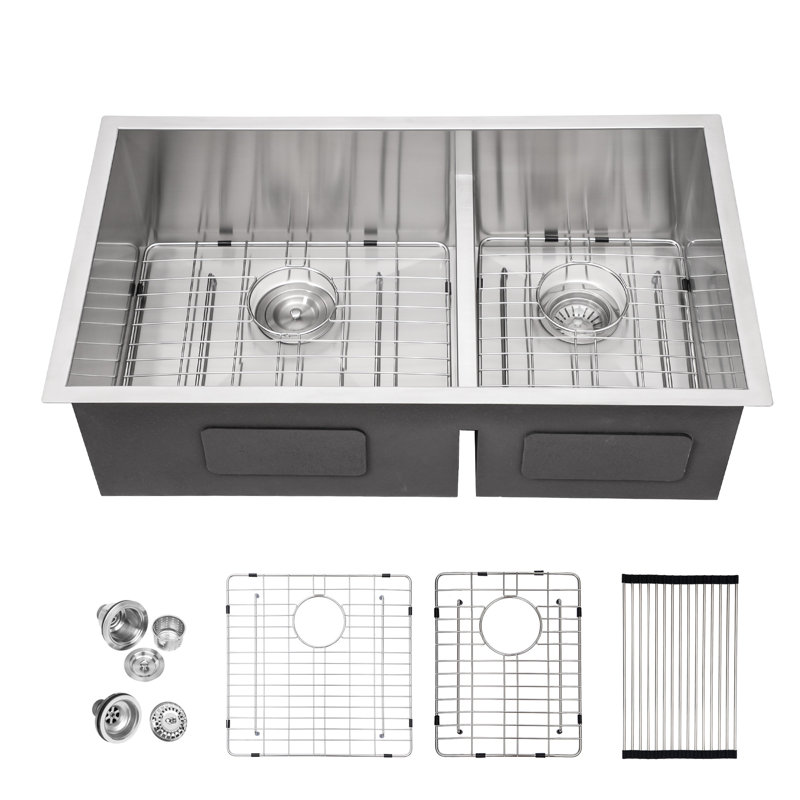 Undermount Double Bowl Stainless Steel Kitchen Sink with Basket Strainers and Sink Grids, 28'' L x 19" W 