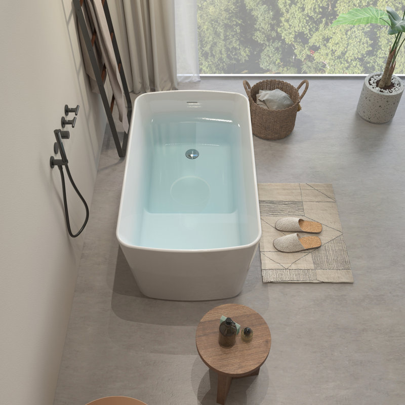 49'' Acrylic Freestanding Soaking Bathtub, Japanese Style, Overflow, Glossy White Surface, Seated Comfort Design, Drain, Design