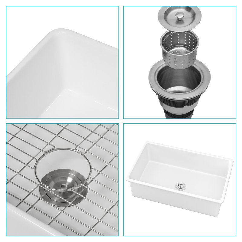 32" White Ceramic Undermount Single Bowl Kitchen Sink