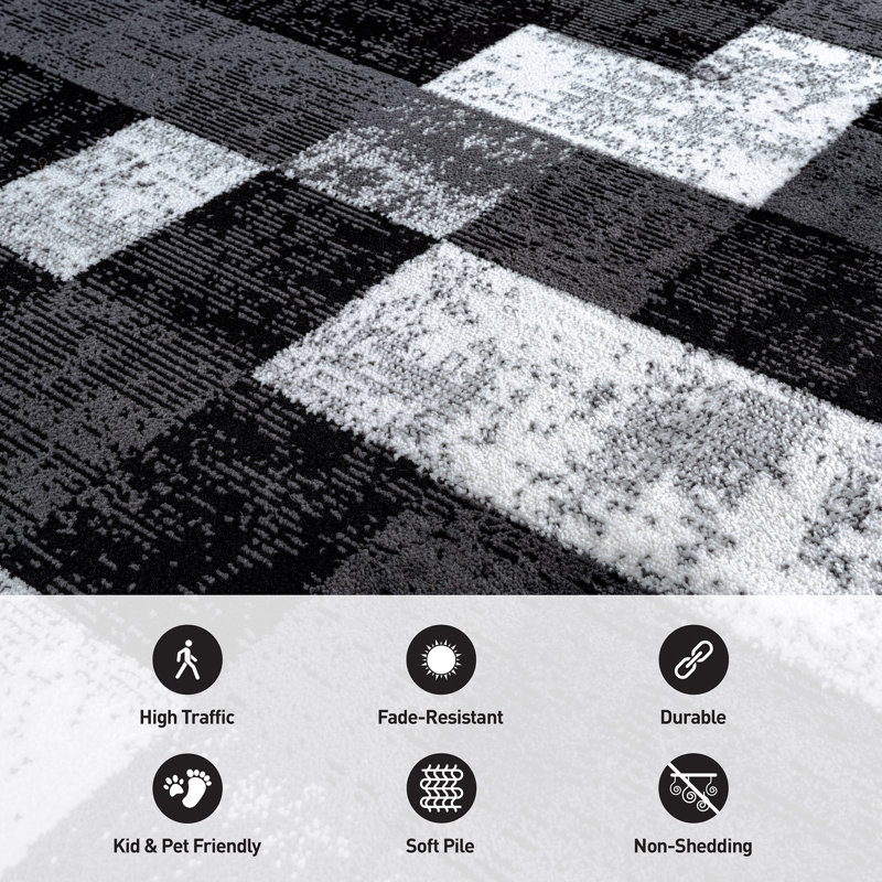 Abstract Grid Black/Gray Minimal Indoor Woven Area Rug, Rectangle 5' x 7'