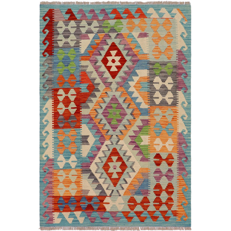 Tapis beige / bleu / orange à motif géométrique en laine tissé à plat de forme rectangulaire Elzada