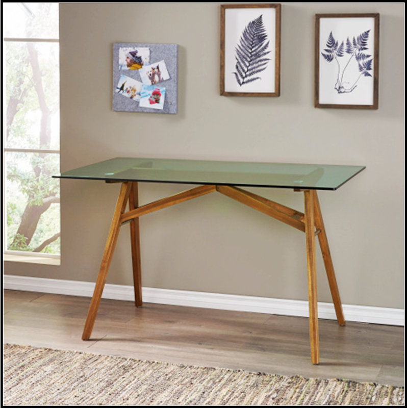 Bureau d'ordinateur moderne en verre trempé avec base en bois d'acacia pour la maison et le bureau, poste de travail durable et élégant