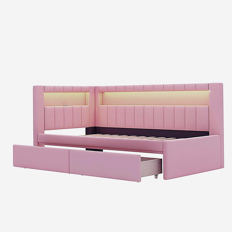 Upholstered Twin Size Platform Bed with USB Ports and LED Belt, With 2 Drawers, Pink, Pink