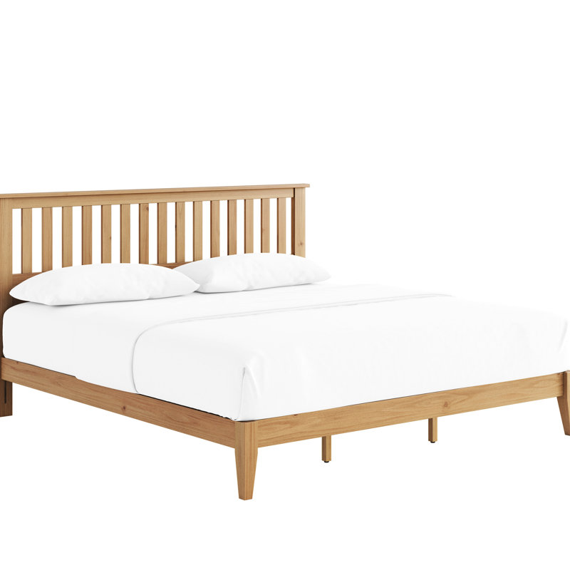 Très grand lit à panneau de style mission, finition brun moyen chaud, système de lattes intégré, support de matelas antidérapant, traverse latérale une pièce et lit en bois séché au four, conception, lattes, ton, adhésif
