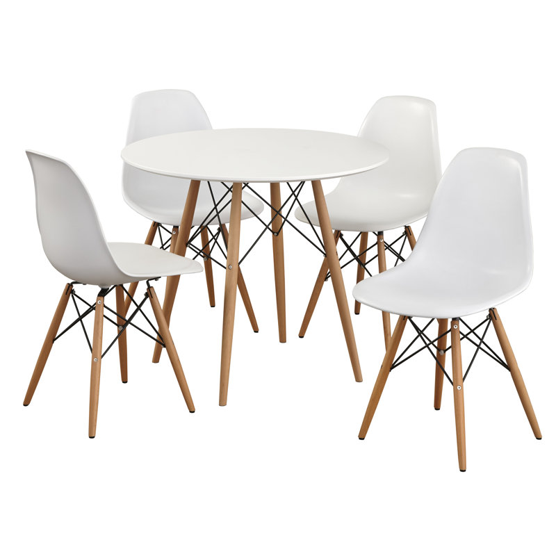 Ensemble de salle à manger Akaash, Blanc / Naturel, 5 pièces : 1 table, 4 chaises
