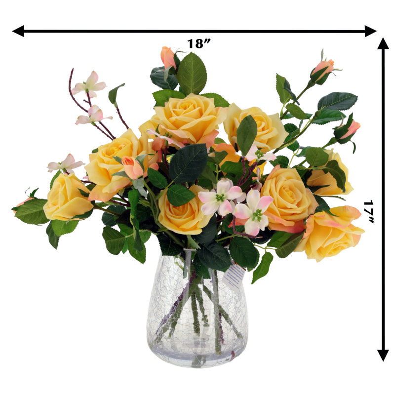 Roses In Crackle Vase - 17 Inches, Yellow