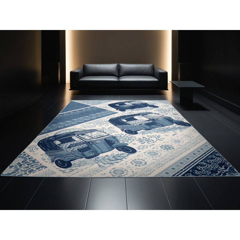 Machine Washable Kendari Tuk Tuk Rickshaw Bohemian Block Print Rug in Gray – SkyBlue Binding, 5x8