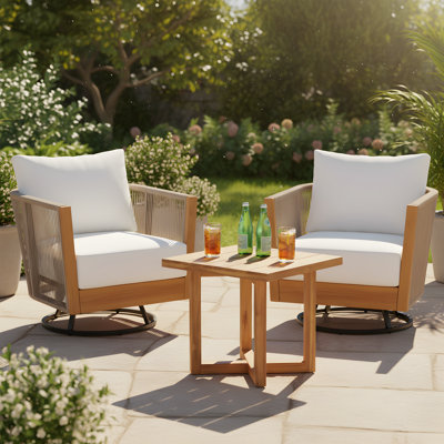Gladwin Outdoor 3-Piece Acacia Wood & Woven Rope Conversation Set With Cross-Stretcher Side Table