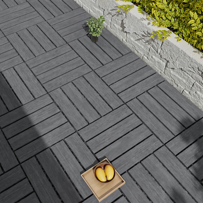 Ensemble de tuiles de patio 11 pièces à emboîtement WPC, tuiles de plancher intérieures / extérieures imperméables 11,8 po, aspect bois composite durable, gris foncé