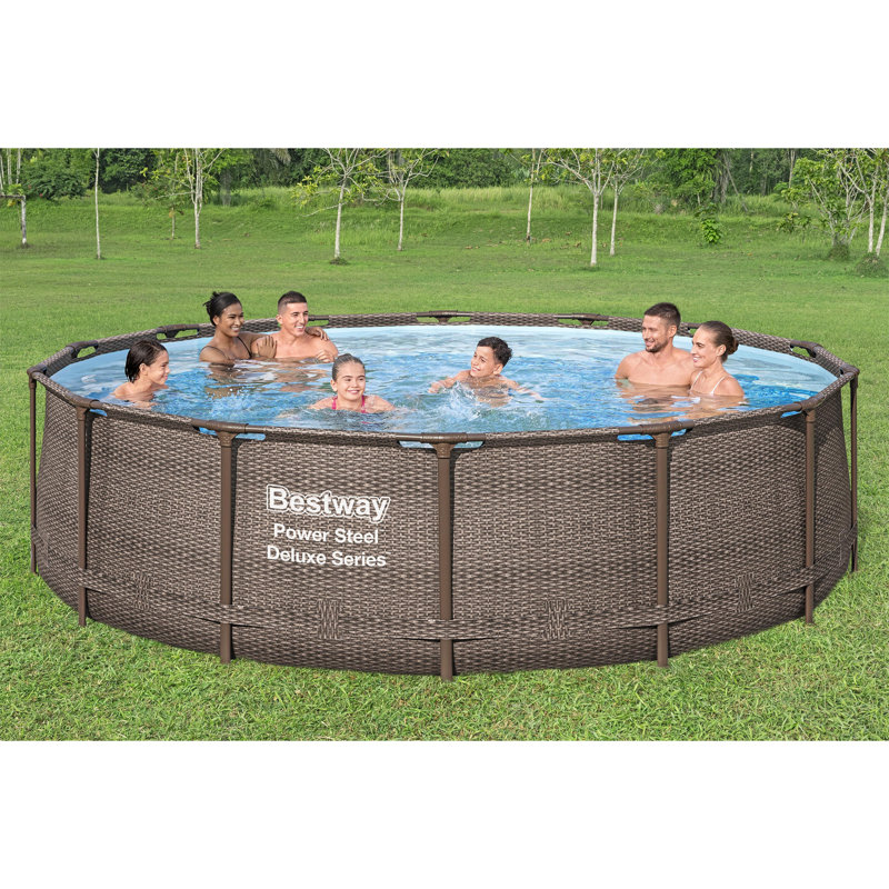 Bestway Power Steel Round Above Ground Outdoor Swimming Pool Set with Filter Pump and Cover, Brown Wicker Print